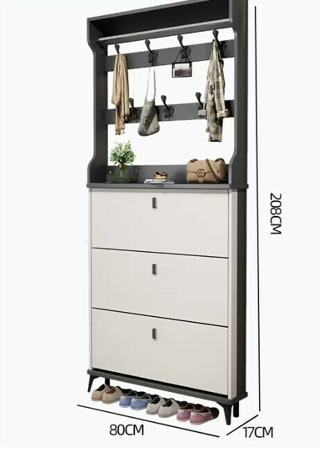 Hot selling light luxury flip shoe cabinet entry entrance cabinet ([single layer with hanger model] double gray white 80*17*208cm)