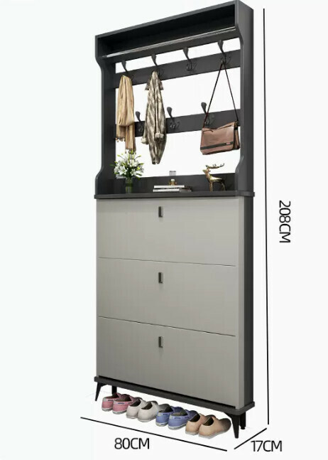 Hot selling light luxury flip shoe cabinet entry entrance cabinet ([single layer with hanger model] double gray 80*17*208cm)