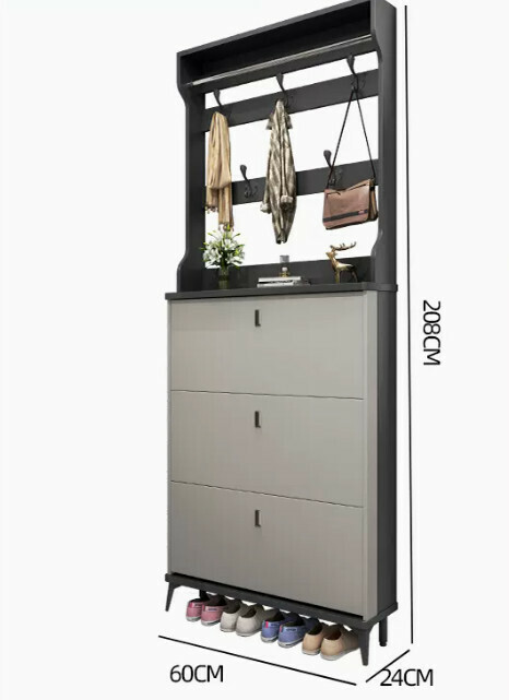 Hot selling light luxury flip shoe cabinet entry entrance cabinet ([double layer with hanger model] double gray 60*24*208cm)