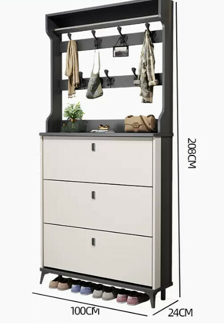 Hot selling light luxury flip shoe cabinet entry entrance cabinet ([double layer with hanger model] double gray white 100*24*208cm)
