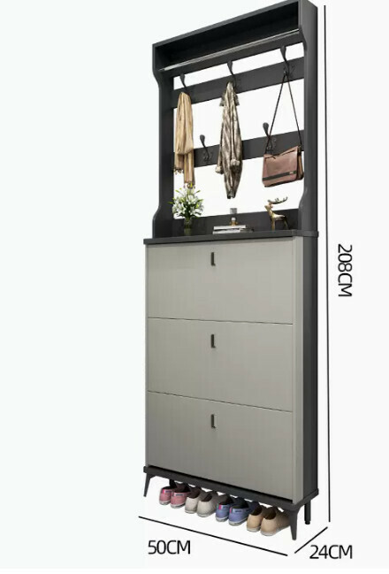 Hot selling light luxury flip shoe cabinet entry entrance cabinet ([double layer with hanger model] double gray 50*24*208cm)