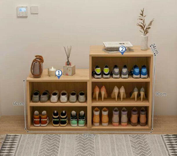 Hot selling sitting and storage entryway shoe box (two layers + three layers imitation solid wood color 120*23*60cm)