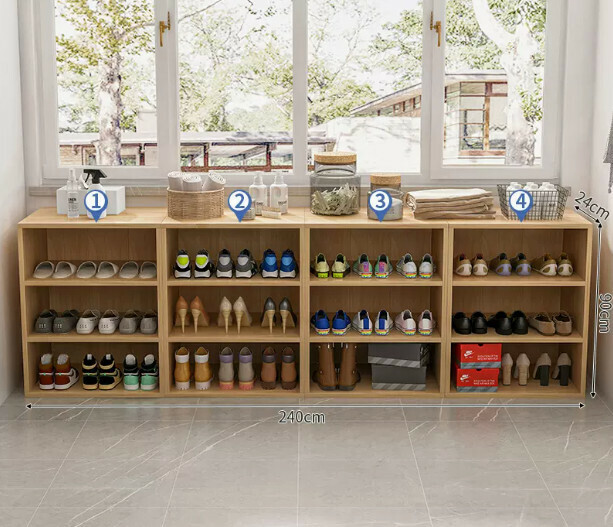 Hot selling entryway shoe box for sitting and storage (three-layer imitation solid wood color combination 240*24*90cm)