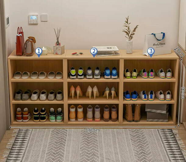 Hot selling sitting and storage entryway shoe box (three-layer imitation solid wood color combination 180*24*90cm)