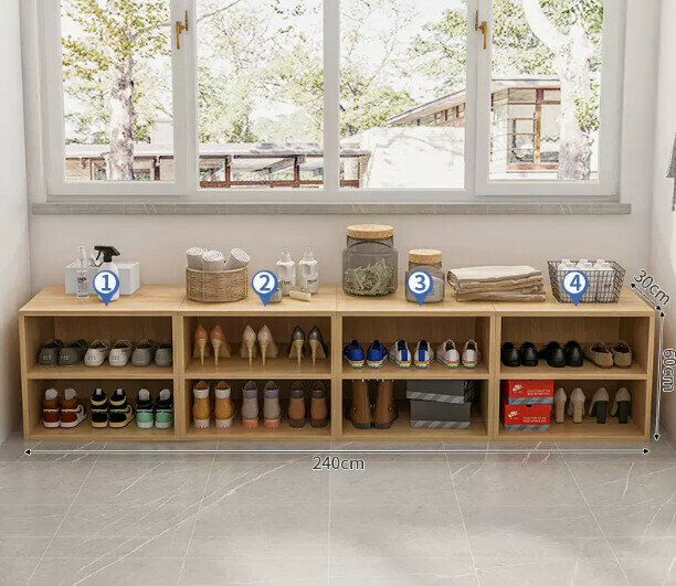 Hot selling sitting and storage entryway shoe box (two-layer widened imitation solid wood color combination 240*30*60cm)