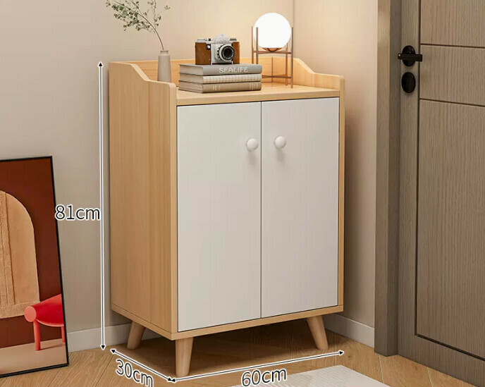 Hot selling simple simple shoe rack ([two-door model] original wood color + white door + solid wood legs)