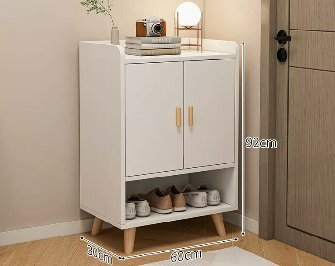 Hot selling simple shoe rack ([two doors and one grid] warm white + solid wood legs)