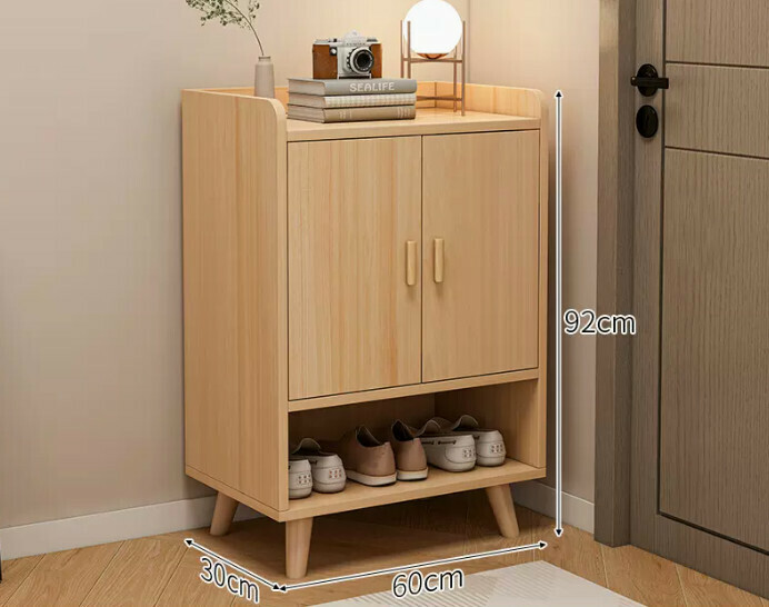 Hot selling simple shoe rack ([two doors and one compartment] original wood color + solid wood legs)