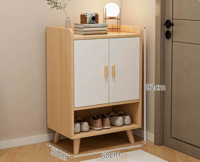 Hot selling simple shoe rack ([two doors and one grid] original wood color + white door + solid wood legs)