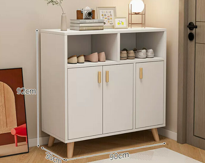 Hot selling simple shoe rack ([three doors and two compartments] warm white + solid wood legs)