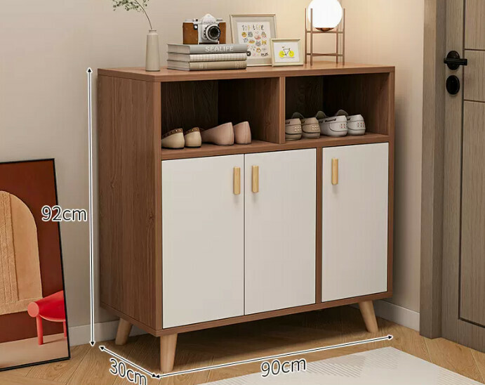 Hot selling simple shoe rack ([three doors and two compartments] cherry wood color + white door + solid wood legs)
