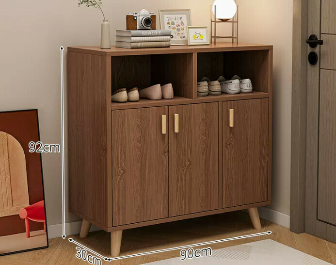 Hot selling simple shoe rack ([three doors and two compartments] cherry wood color + solid wood legs)