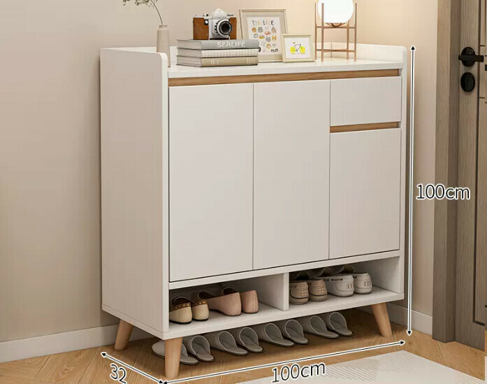 Hot selling simple shoe rack ([Plate upgrade] [Three doors and one draw] Warm white + solid wood legs)