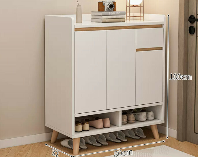 Hot selling simple shoe rack ([Plate upgrade] [Three doors and one draw] Warm white + solid wood legs)