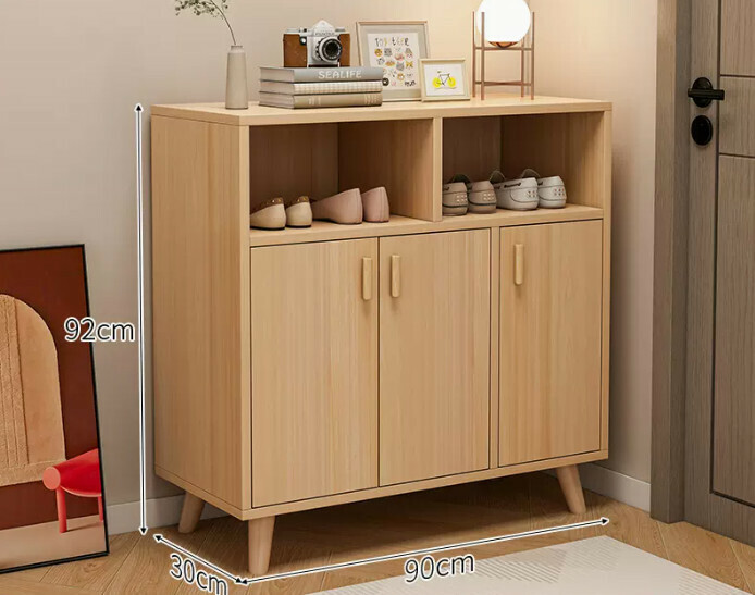 Hot selling simple shoe rack ([three doors and two compartments] original wood color + solid wood legs)