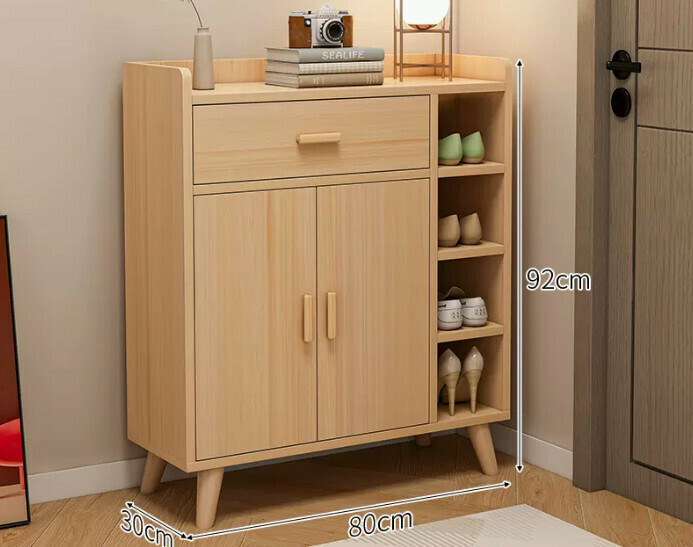 Hot-selling simple shoe rack ([two doors and one drawer with grid] solid wood color + solid wood legs)