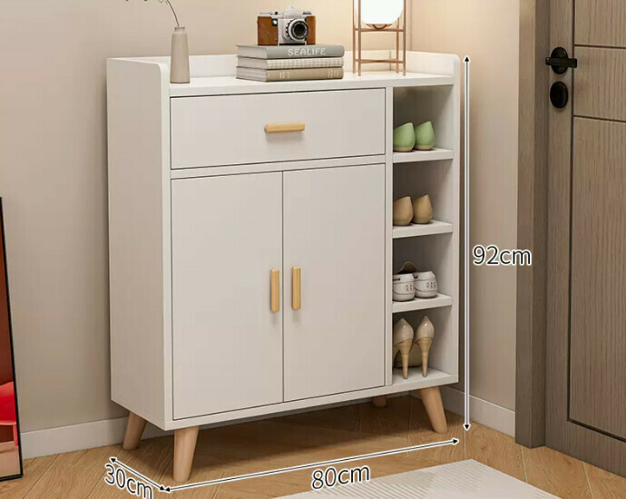 Hot selling simple shoe rack ([two doors and one drawer with grid] warm white + solid wood legs)