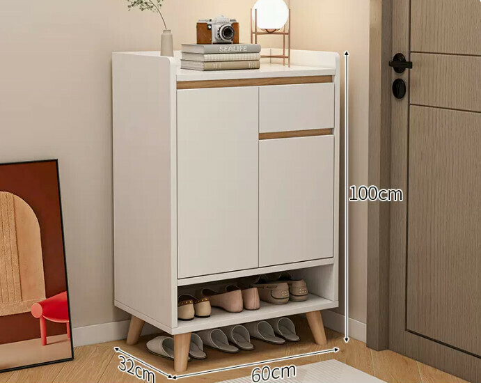 Hot selling simple shoe rack ([Plate upgrade] [Two doors and one draw] Warm white + solid wood legs)