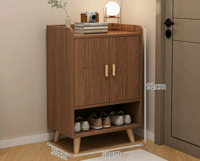 Hot selling simple shoe rack ([two doors and one compartment] cherry wood color + solid wood legs)