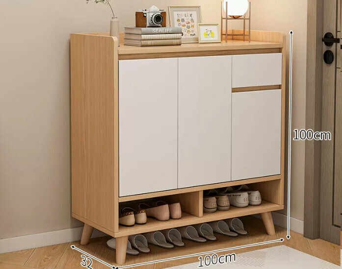 Hot selling simple shoe rack ([Plate upgrade] [Three doors and one draw] Log color + solid wood legs)