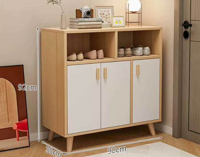 Hot selling simple shoe rack ([three doors and two compartments] original wood color + white door + solid wood legs)