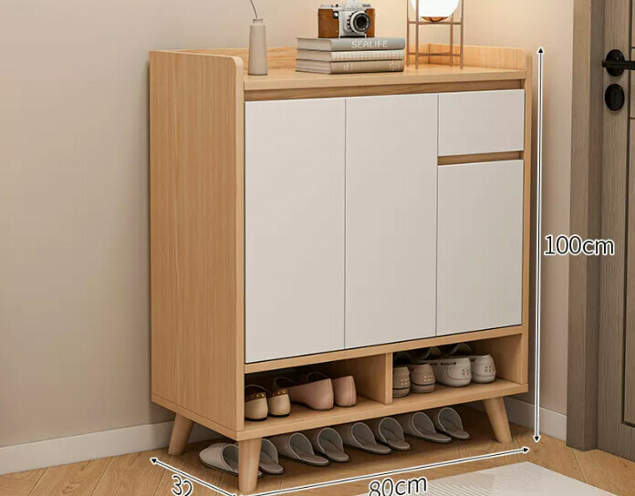 Hot selling simple shoe rack ([Plate upgrade] [Three doors and one draw] Raw wood color + white door + solid wood legs)
