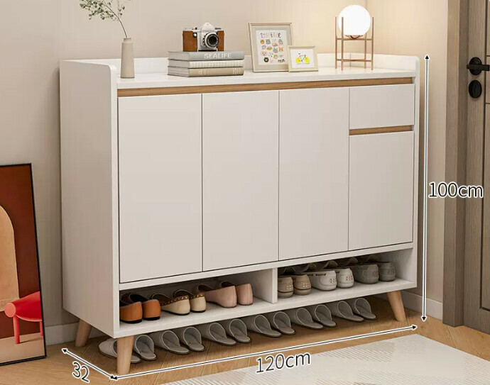 Hot selling simple shoe rack ([Plate upgrade] [Four doors and one draw] Warm white + solid wood legs)