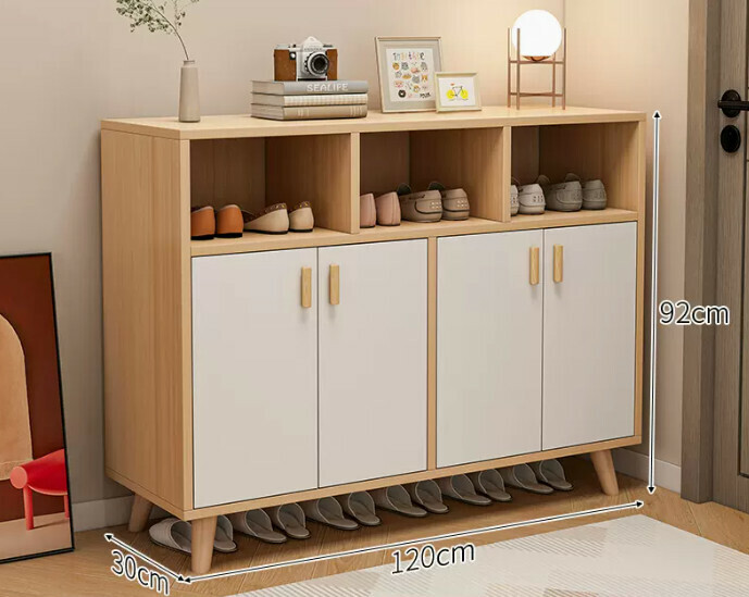 Hot selling simple simple shoe rack ([four doors and three compartments] original wood color + white door + solid wood legs)