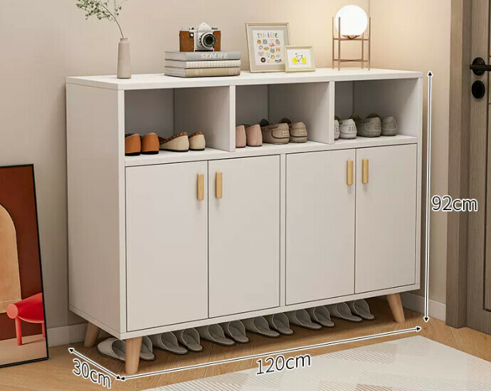 Hot Selling Simple Shoe Rack ([Four Doors and Three Compartments] Warm White + Solid Wood Legs)