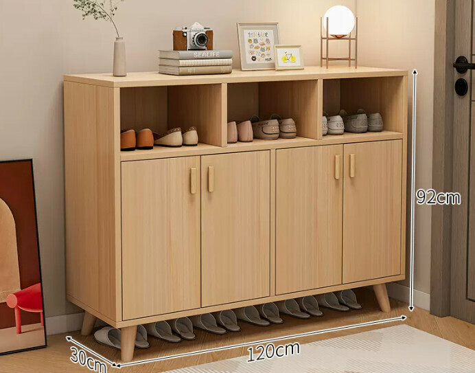 Hot selling simple shoe rack ([four doors, three compartments] original wood color + solid wood legs)