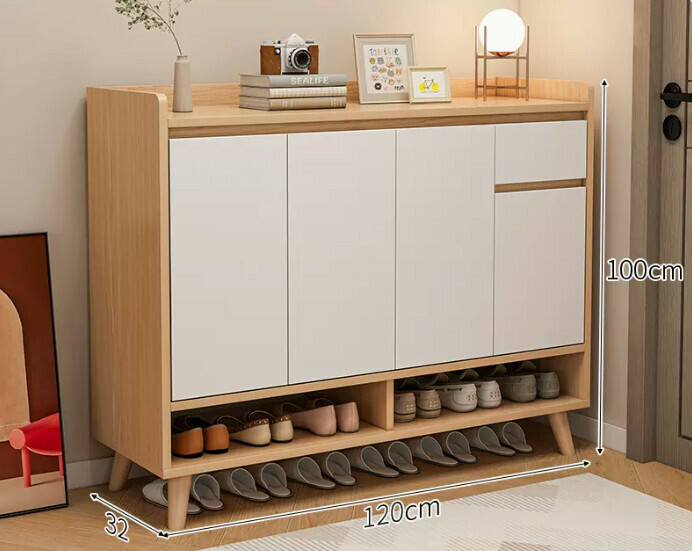 Hot selling simple shoe rack ([Plate Upgrade] [Four Doors and One Drawer] Log Color + Solid Wood Legs)