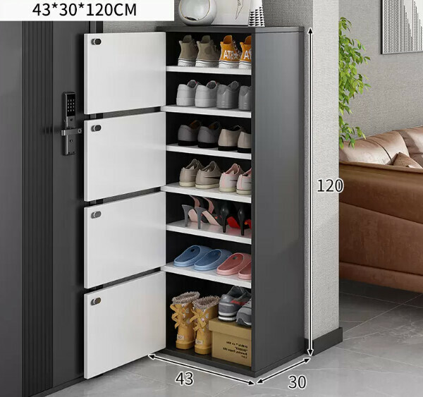 The most popular high-standing shoe rack integrated into the wall ([Four-door model] [Can hold sixteen pairs of large-size men's shoes] Light luxury gray + warm white)