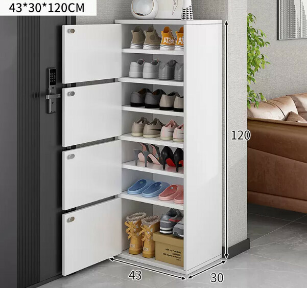 The most popular high-standing shoe rack integrated into the wall ([Four-door model] [Can hold sixteen pairs of large-size men's shoes] Warm white)