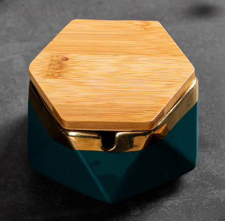 Hot push ashtray (gold European style ashtray - dark green (with lid))