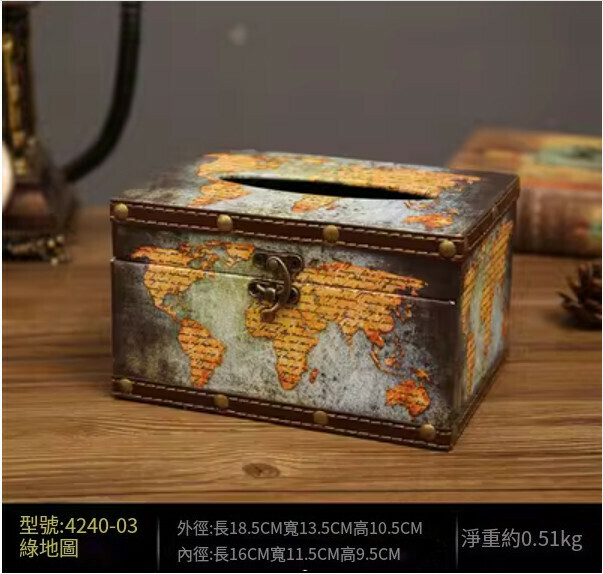 爆款美式復古紙巾盒（米白色短款-綠地圖款）