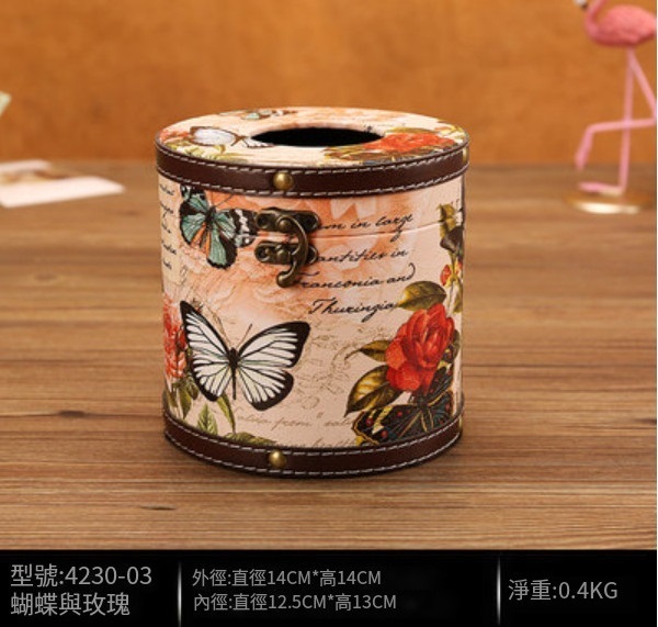 爆款美式復古紙巾盒（圓-玫瑰與蝴蝶款）