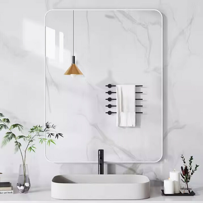 New bathroom no-punch self-adhesive wall-mounted bathroom mirror [large rounded corners] [pearl white 30*40cm can be hung horizontally and vertically in the bathroom without punching]