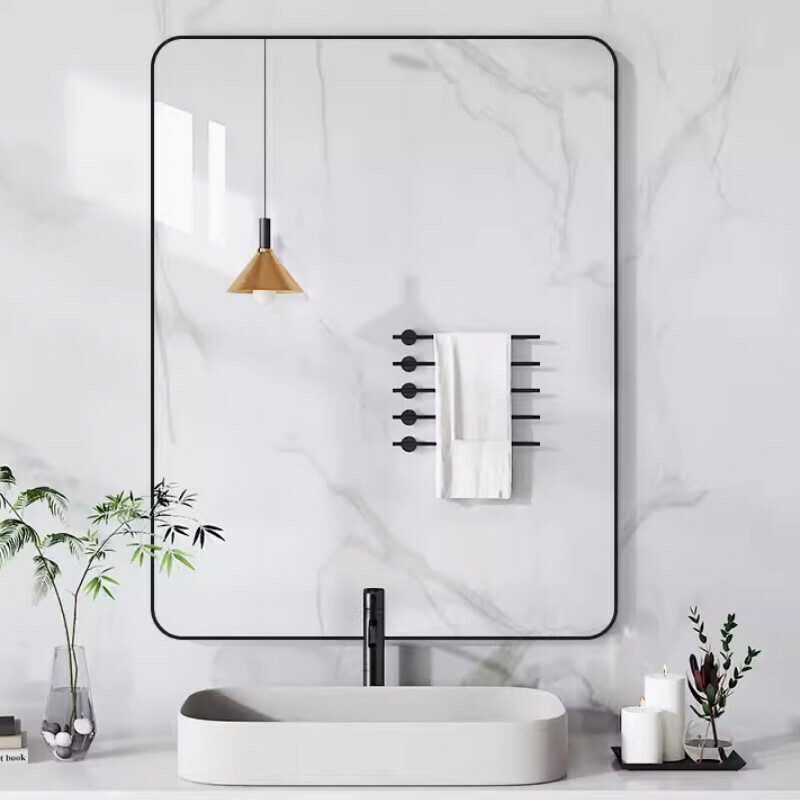 New bathroom no-punch self-adhesive wall-mounted bathroom mirror [large rounded corners] [classic black 60*80cm can be hung horizontally and vertically in the bathroom without punching]