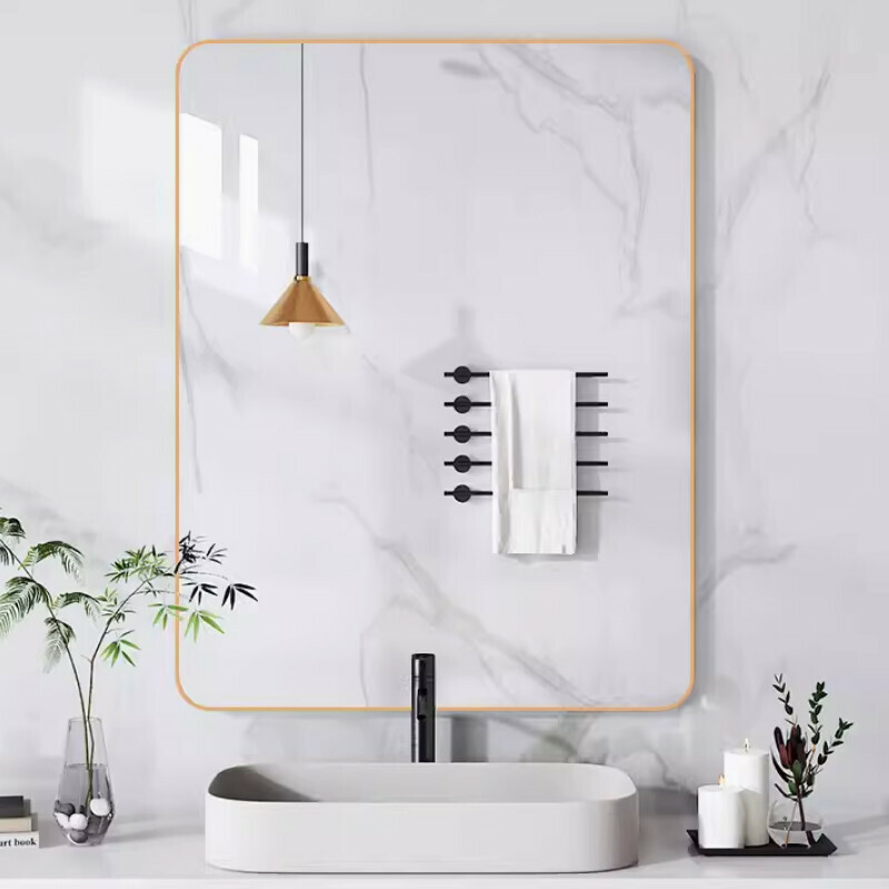 New bathroom no-punch self-adhesive wall-mounted bathroom mirror [large rounded corners] [light luxury gold 80*100cm can be hung horizontally and vertically in the bathroom without punching]