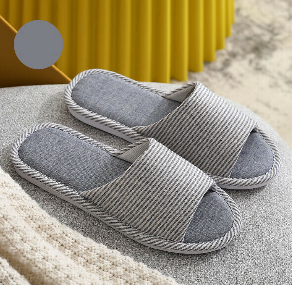 Hot recommended non-slip striped cotton and linen slippers (navy blue) [size 41-44] [contact customer service after placing the order to confirm the delivery size]