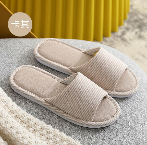 Hotly recommended non-slip striped cotton and linen slippers (khaki) [35-40 sizes] [Contact customer service after placing the order to confirm the delivery size]