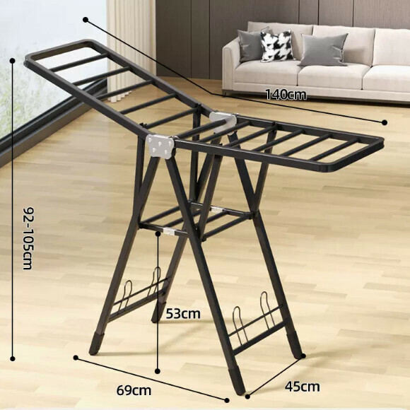 Hot recommended multi-functional clothes drying rack, coat rack, simple hanging wardrobe, clothes drying rack [1.4 meters high-grade black-double-layer drying integrated pulley-with shoe support] [size: (large)]