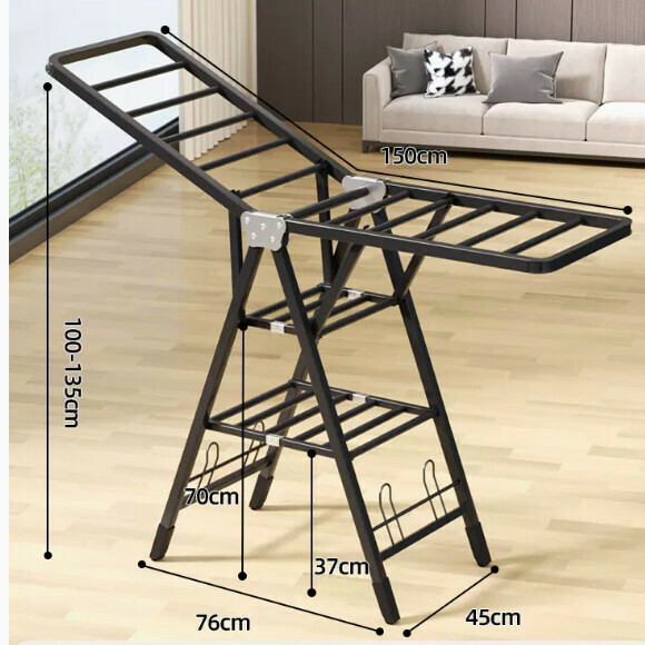 Hotly recommended multi-functional clothes drying rack, coat rack, simple hanging wardrobe, clothes drying rack [1.5 meters high-grade black-three-layer drying integrated pulley-with shoe support] [size: (large)]
