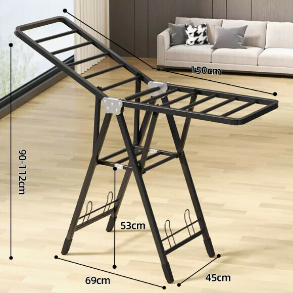 Hotly recommended multi-functional clothes drying rack, coat rack, simple hanging wardrobe, clothes drying rack [1.5 meters high-grade black - double-layer drying integrated pulley - with shoe support] [size: (large)]