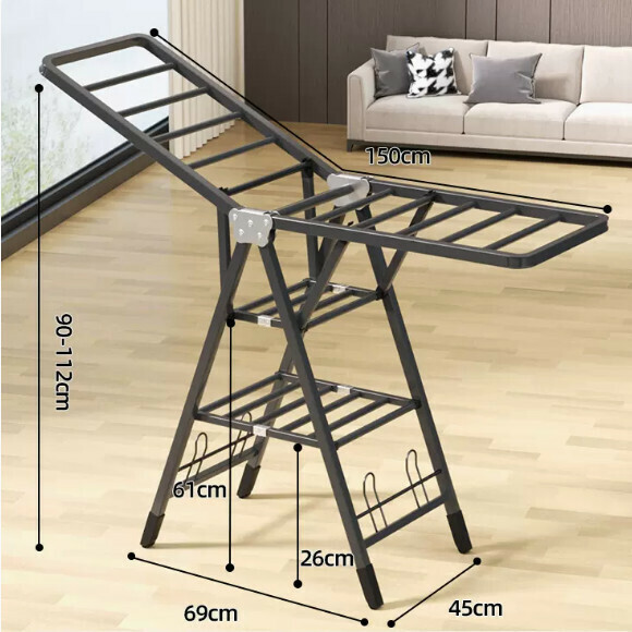 Hotly recommended multi-functional clothes drying rack, coat rack, simple hanging wardrobe, clothes drying rack [1.5 meters gun gray - three-layer drying integrated pulley - with shoe holder] [size: (large)]