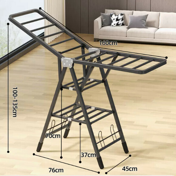 Hotly recommended multi-functional clothes drying rack, coat rack, simple hanging wardrobe, clothes drying rack [1.6 meters gun gray - three-layer drying integrated pulley - with shoe holder] [size: (large)]