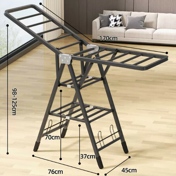 Hotly recommended multi-functional clothes drying rack, coat rack, simple hanging wardrobe, clothes drying rack [1.7 meters gun gray - three-layer drying integrated pulley - with shoe holder] [size: (large)]