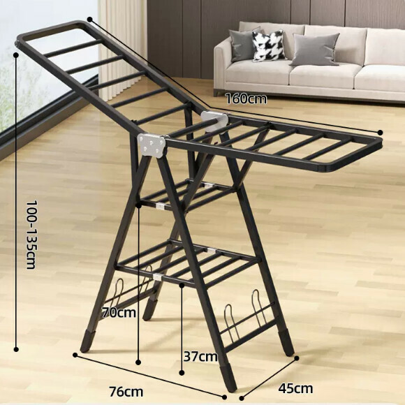 Hot recommended multifunctional clothes drying rack, coat rack, simple hanging wardrobe, clothes drying rack [1.6 meters high-grade black-three-layer drying integrated pulley-with shoe support] [size: (large)]