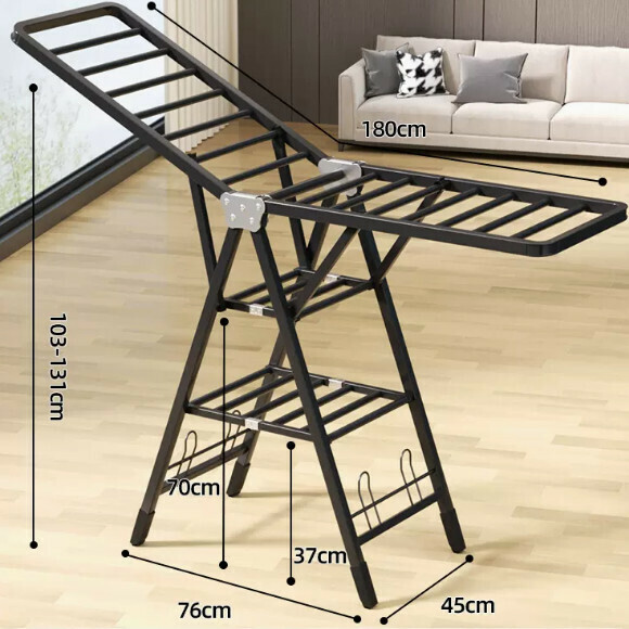 Hotly recommended multi-functional clothes drying rack, coat rack, simple hanging wardrobe, clothes drying rack [1.8 meters high-grade black-three-layer drying integrated pulley-with shoe support] [size: (large)]