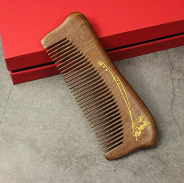 Hot Push Wood Comb [Black Gold Sandalwood Butterfly Style]